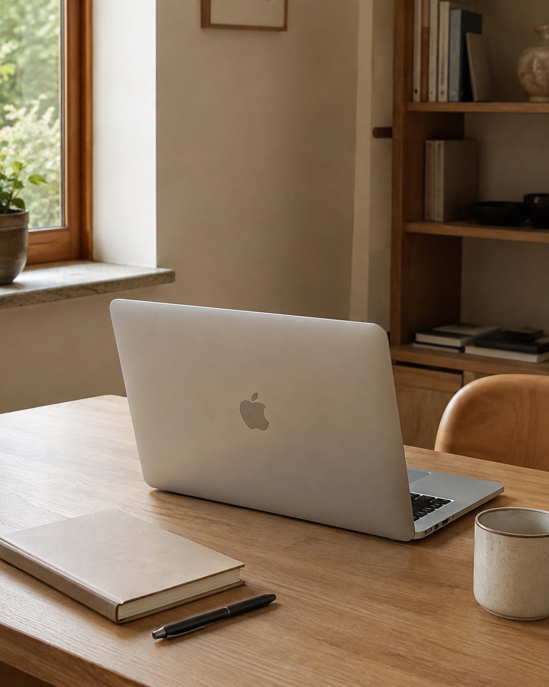 自然光下放有银色 Apple 笔记本的工作书桌